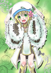 Rule 34 | 1girl, blonde hair, blush, brown cape, brown dress, brown gloves, cape, commentary request, dress, feet out of frame, flower, fur-trimmed cape, fur trim, gloves, green background, green eyes, hair between eyes, hands on headwear, hat, hat flower, high wizard (ragnarok online), layered dress, leaf hat ornament, long hair, looking at viewer, okosama lunch (sendan), open mouth, pink flower, ragnarok online, short dress, smile, solo, tam (ragnarok online), two-tone dress, white dress, white hat