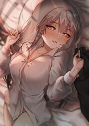 Rule 34 | 1girl, 1other, :d, absurdres, arknights, bed sheet, black gloves, blush, bottomless, breasts, cleavage, collarbone, collared shirt, dress shirt, fartooth (arknights), gloves, grey hair, hair between eyes, half-closed eyes, hands up, highres, kaguura (kagu), long hair, long sleeves, lying, medium breasts, naked shirt, on back, open mouth, out of frame, pillow, puffy long sleeves, puffy sleeves, shirt, smile, solo focus, very long hair, white shirt, yellow eyes