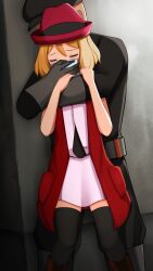 Rule 34 | 1boy, 1girl, absurdres, belt, black thighhighs, blonde hair, blush, boots, chloroform, closed eyes, coat, commentary request, creatures (company), dress, eyelashes, game freak, gloves, hands up, hat, highres, jacket, kidnapping, nintendo, pants, pink dress, pokemon, pokemon (anime), pokemon xy (anime), red coat, red headwear, restrained, serena (pokemon), short hair, sleeveless, sleeveless coat, team rocket, team rocket grunt, team rocket uniform, thighhighs, umiushi nonawa, unconscious