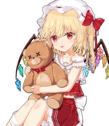 Rule 34 | 1girl, adapted costume, blake chun, blonde hair, bow, crystal, flandre scarlet, frilled shirt collar, frills, hat, hat ribbon, highres, holding, holding stuffed toy, midriff, mob cap, multicolored wings, one side up, red bow, red eyes, red skirt, red vest, ribbon, simple background, sitting, skirt, skirt set, solo, stuffed animal, stuffed toy, teddy bear, tongue, tongue out, touhou, vest, waist bow, wavy hair, white background, white bow, white hat, wings, x x