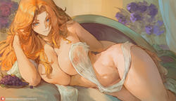 Rule 34 | 1girl, between breasts, bleach, blonde hair, blue eyes, breasts, collarbone, curvy, cutesexyrobutts, female focus, flower, food, fruit, grapes, jewelry, large breasts, long hair, looking at viewer, lying, matsumoto rangiku, navel, necklace, nude, on side, orange hair, parted bangs, patreon username, purple flower, see-through, solo, thick thighs, thighs, watermark, web address, wide hips