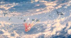 Rule 34 | 1girl, barefoot, closed eyes, cloud, dress, falling, fish, long hair, pink hair, rin (shelter), shelter (song), sky, solo, yuumei