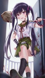 Rule 34 | 1girl, absurdres, black socks, blood, blood on clothes, blood on face, blood splatter, bloody weapon, commentary request, ebisuzawa kurumi, fingerless gloves, from below, gakkou gurashi!, gloves, green skirt, hair ornament, hair ribbon, hand on own hip, highres, knee pads, knee up, kneehighs, long hair, looking at viewer, megurigaoka high school uniform, open mouth, over shoulder, pleated skirt, purple eyes, purple hair, purple ribbon, ribbon, school uniform, shirt, short sleeves, shovel, skirt, smile, socks, solo, tokkyu, twintails, very long hair, weapon, white shirt