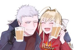 Rule 34 | &gt;:), 10s, 1boy, 1girl, ahoge, alcohol, alternate costume, bad id, bad pixiv id, beer, blonde hair, blue eyes, blush, closed eyes, devil may cry (series), devil may cry 5, drunk, fate/extra, fate (series), fingerless gloves, gloves, grey hair, hood, hoodie, kyou (ningiou), mechanical arms, name connection, nero (devil may cry), nero claudius (fate), nero claudius (fate) (all), nero claudius (fate/extra), one eye closed, open mouth, single mechanical arm, smile