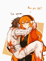 Rule 34 | 1boy, 1girl, blood, blood on clothes, blush, bow, brown hair, carrying, english text, freckles, goawat, hair bow, heathcliff (project moon), hug, ishmael (project moon), jacket, limbus company, long hair, orange eyes, orange hair, pants, parted lips, princess carry, project moon, sidelocks, simple background, sweat, very long hair, white background, white bow, white jacket, white pants