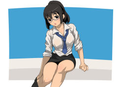 Rule 34 | 1girl, black hair, brown eyes, clothes pull, glasses, holon, necktie, pantyhose, pantyhose pull, pencil skirt, real drive, roony, shirt, skirt, sleeves rolled up, solo