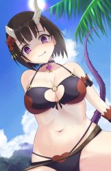 Rule 34 | + +, 1girl, arm behind back, bare shoulders, belt, bikini, black bikini, black choker, black hair, blue sky, blush, breasts, broken horn, choker, cleavage, cleavage cutout, clothing cutout, collarbone, day, demon girl, demon horns, dutch angle, eriko (princess connect!), eriko (summer) (princess connect!), flower, from below, hair flower, hair ornament, head tilt, heart, heart choker, highres, horns, hsk pad, licking lips, looking at viewer, multi-strapped bikini bottom, naughty face, navel, nose blush, o-ring, o-ring bikini, o-ring top, official alternate costume, outdoors, palm tree, princess connect!, purple eyes, shaded face, short hair, sky, smile, solo, spiked tail, sun, sweat, swimsuit, tail, tongue, tongue out, tree