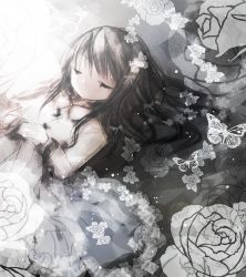 Rule 34 | 1girl, black hair, bow, bug, butterfly, closed eyes, closed mouth, commentary request, dress, facing viewer, flower, hair between eyes, hair bow, hair flower, hair ornament, highres, insect, interlocked fingers, kohaku muro, long hair, long sleeves, original, own hands together, rose, sketch, solo, white bow, white dress, white flower, white rose