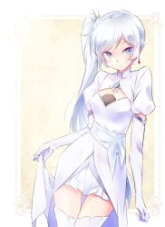 Rule 34 | 1girl, adapted costume, blue eyes, blush, border, breasts, commentary, cowboy shot, dress, earrings, elbow gloves, english commentary, gloves, hair ornament, highres, iesupa, jewelry, leaning to the side, long hair, looking at viewer, pleated skirt, rwby, sash, scar, scar across eye, side ponytail, single earring, skirt, skirt hold, small breasts, solo, swept bangs, thighhighs, tiara, weiss schnee, white border, white dress, white hair, white skirt, white thighhighs