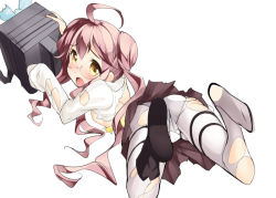 Rule 34 | 10s, 1girl, ahoge, ass, black footwear, boots, glasses, kantai collection, legs up, looking back, lying, makigumo (kancolle), on stomach, open mouth, panties, panties under pantyhose, pantyhose, pink hair, shirt, shoes, simple background, single boot, single shoe, sleeves past wrists, solo, sorimura youji, torn clothes, torn pantyhose, torn shirt, twintails, underwear, white background, white pantyhose, yellow eyes
