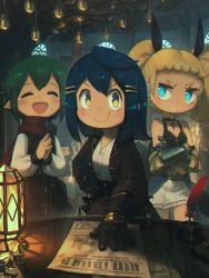 Rule 34 | 1boy, 3girls, absurdres, ahoge, bag, bare shoulders, belt, black belt, black choker, black dress, black gloves, black jacket, black pants, black ribbon, blonde hair, blue eyes, blue hair, blue jacket, blunt bangs, breasts, buckle, ceiling light, choker, cleavage, closed eyes, closed mouth, commentary, contrapposto, cowboy shot, cressey (porforever), crop top, cross, cross choker, cross earrings, crossed arms, desk, dress, dress shirt, earrings, english commentary, freckles, full body, gauntlets, gloves, gold trim, green hair, hair between eyes, hair ornament, hair ribbon, hairclip, hand on own hip, hand on table, hanging light, highres, indoors, inkwell, jacket, jewelry, lantern, light blush, long hair, long skirt, long sleeves, looking at viewer, looking to the side, medium breasts, medium hair, messenger bag, miniskirt, multicolored clothes, multicolored dress, multiple girls, navel, open mouth, original, own hands together, pants, paper, pleated skirt, pointy ears, porforever, pout, puffy long sleeves, puffy sleeves, quill, red scarf, ribbon, scarf, sheath, sheathed, shirt, short bangs, short eyebrows, short hair, shoulder bag, sidelocks, sitting, skirt, sky, small breasts, smile, sword, table, thick eyebrows, twintails, v-shaped eyebrows, weapon, white dress, white shirt, white skirt, window, yellow eyes, | |