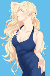 Rule 34 | 1girl, alternate costume, blonde hair, blue background, blue dress, blue eyes, collarbone, commentary request, cowboy shot, dress, highres, kantai collection, lips, long hair, looking to the side, mole, mole under eye, mole under mouth, nail polish, profile, richelieu (kancolle), shingyou (alexander-13), sleeveless, solo