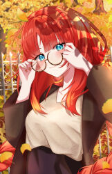 Rule 34 | 1girl, absurdres, adjusting eyewear, alternate costume, aqua eyes, autumn, autumn leaves, bespectacled, black coat, blush, check clothing, closed mouth, clothing request, coat, collarbone, commentary request, day, fingernails, genshin impact, glasses, hands up, highres, long hair, long sleeves, looking at viewer, multicolored nails, nail polish, nilou (genshin impact), parted bangs, red hair, red nails, round eyewear, smile, solo, takane pato, very long hair, yellow nails