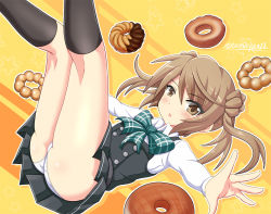 Rule 34 | 1girl, :o, ass, black dress, black socks, blush, bow, bowtie, brown eyes, brown hair, buttons, collared shirt, double-breasted, double bun, doughnut, dress, eyelashes, food, green bow, green bowtie, hair between eyes, hair bun, kantai collection, kneehighs, kneepits, legs up, long hair, long sleeves, looking at viewer, michishio (kancolle), michishio kai ni (kancolle), open mouth, outline, outstretched arm, panties, pinafore dress, shirt, short dress, sleeveless, sleeveless dress, socks, solo, tamayan, thighs, two-tone background, underwear, white outline, white panties, white shirt, wing collar, yellow background