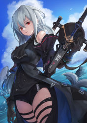 Rule 34 | 1girl, absurdres, arknights, bare shoulders, black gloves, black pants, blush, breasts, clothing cutout, cloud, cloudy sky, commentary request, from below, gloves, hair between eyes, highres, holding, holding weapon, large breasts, long hair, looking at viewer, miso (b7669726), ocean, outdoors, pants, parted lips, red eyes, shirt, silver hair, skadi (arknights), skadi (elite ii) (arknights), sky, solo, thigh cutout, very long hair, weapon