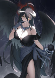 Rule 34 | 1girl, absurdres, ahoge, albedo (overlord), black dress, black hair, black wings, blush, breasts, cleavage, demon girl, demon horns, dress, feet out of frame, finger to mouth, from above, gloves, highres, holding, holding scepter, horns, jewelry, large breasts, long hair, looking at viewer, mato kuroi, necklace, open mouth, overlord (maruyama), parted lips, scepter, simple background, solo, standing, strapless, strapless dress, white gloves, wings, yellow eyes