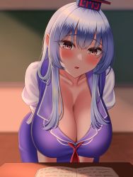 Rule 34 | absurdres, blue hair, blue vest, blurry, blurry background, blush, book, breasts, classroom, cleavage, collarbone, desk, hair between eyes, hanging breasts, hat, highres, indoors, kamishirasawa keine, large breasts, leaning forward, long hair, looking down, mature female, mimasi osuwari, open mouth, red eyes, short sleeves, straight hair, touhou, vest