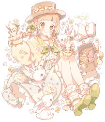 Rule 34 | 1girl, blunt bangs, blush, book, bow, braid, brown eyes, brown hat, earrings, flower, food, full body, green bow, hair bow, hand up, hat, hat bow, hat flower, highres, holding, holding flower, jewelry, long sleeves, loose socks, open book, original, picnic basket, puffy sleeves, rabbit, shoes, short hair, simple background, sitting, smile, socks, solo, twin braids, uekura eku, white background, yellow bow