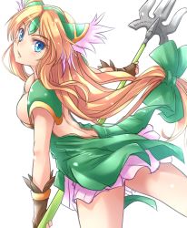 Rule 34 | 1girl, armor, back, backless dress, backless outfit, blonde hair, blue eyes, blush, bow, breasts, bridal gauntlets, brown gloves, cleavage, commentary, cowboy shot, dress, elbow gloves, from side, gloves, green bow, green dress, hair bow, helmet, holding, kitayama miuki, long hair, looking at viewer, low-tied long hair, medium breasts, open mouth, pauldrons, polearm, riesz, seiken densetsu, seiken densetsu 3, short dress, shoulder armor, simple background, solo, standing, very long hair, weapon, white background, winged helmet