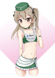Rule 34 | 10s, 1girl, bare shoulders, black ribbon, blush, breasts, brown eyes, brown hair, choker, closed mouth, collarbone, commentary request, cowboy shot, cropped legs, flipper, frilled skirt, frills, girls und panzer, gradient background, green choker, green hat, green skirt, hair between eyes, hair ribbon, hat, long hair, navel, pink background, playing with own hair, ribbon, sailor hat, shimada arisu, skirt, sleeveless, small breasts, solo, two side up, white background