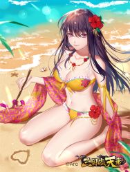 Rule 34 | 1girl, armband, barefoot, beach, bikini, black hair, breasts, cleavage, copyright name, day, flower, hair between eyes, hair flower, hair ornament, heart, inanome me, jewelry, large breasts, lens flare, long hair, looking at viewer, navel, necklace, official art, outdoors, purple eyes, sand, sangokushi tenka, seashell, shell, sitting, smile, solo, starfish, stick, swimsuit, wariza, watermark, yellow bikini