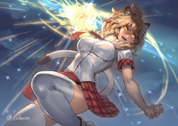 Rule 34 | 10s, 1girl, ahoge, animal ears, blonde hair, breasts, cuboon, dress shirt, incoming attack, kemono friends, large breasts, lion (kemono friends), lion ears, lion tail, looking at viewer, parted lips, plaid, plaid skirt, shirt, short hair, short sleeves, skirt, solo, tail, thighhighs, twitter username, white shirt, white thighhighs, yellow eyes