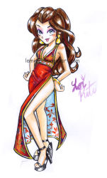 Rule 34 | 1girl, bare shoulders, blue eyes, breasts, brown hair, china dress, chinese clothes, cleavage, donkey kong (1981 game), donkey kong (series), dress, earrings, eyeshadow, full body, hand on own hip, high heels, jewelry, legs, lipstick, long hair, looking at viewer, makeup, mario (series), nintendo, pauline, pauline (mario), red dress, smug, solo