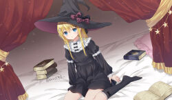 Rule 34 | 1girl, :o, anz32, bed, black bow, black hat, black socks, blonde hair, blue eyes, book, bow, canopy bed, commentary request, commission, frilled pillow, frilled socks, frills, hair between eyes, hair ornament, hairclip, hat, hat bow, layered sleeves, long hair, long sleeves, looking at viewer, no shoes, open book, original, parted lips, pillow, polka dot, polka dot bow, puffy long sleeves, puffy short sleeves, puffy sleeves, purple bow, short over long sleeves, short sleeves, sitting, skeb commission, socks, solo, star (symbol), twitter username, wariza, witch, witch hat