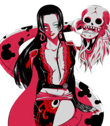 Rule 34 | 1girl, amazon lily, amazon warrior, black hair, blue eyes, boa hancock, breasts, cleavage, earrings, fangs, female focus, jewelry, long hair, long sleeves, navel, one piece, salome (one piece), side slit, simple background, skull, smile, snake, solo