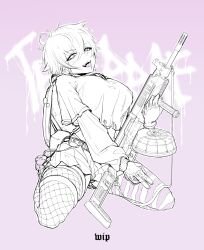 Rule 34 | 1girl, absurdres, assault rifle, backpack, bag, bandaid, bandaid on face, belt, breasts, crop top, crop top overhang, drum magazine, fakuxnxmy, fang, fishnet thighhighs, fishnets, foregrip, gloves, gun, highres, holding, holding gun, holding weapon, kalashnikov rifle, large breasts, layered sleeves, light machine gun, long sleeves, magazine (weapon), messy hair, navel, original, partially colored, pleated skirt, rifle, rpk-16, short hair, short over long sleeves, short sleeves, skirt, solo focus, striped clothes, striped thighhighs, tactical clothes, thighhighs, tomboy, tongue, tongue out, weapon