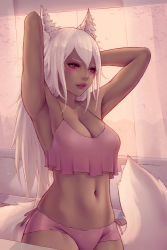 Rule 34 | 1girl, animal ears, armpits, arms up, breasts, camisole, cleavage, commission, dark skin, day, large breasts, lips, long hair, midriff, navel, original, panties, parted lips, red eyes, solo, soranamae, standing, tail, underwear, white hair, window, wolf ears, wolf tail