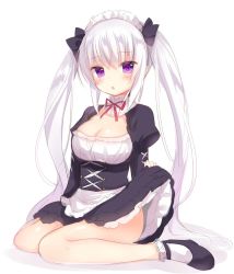 Rule 34 | 1girl, :o, amashiro natsuki, apron, bad id, bad twitter id, blush, bobby socks, breasts, character request, cleavage, clothes lift, detached collar, headdress, long hair, maid, maid headdress, open mouth, purple eyes, seiza, shiny skin, shoes, silver hair, simple background, sitting, sketch, skirt, skirt lift, socks, solo, twintails, underbust, waist apron, wariza, white background, white socks
