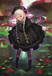 Rule 34 | 1girl, arms behind back, black dress, black footwear, black hat, braid, closed mouth, dress, eyelashes, fate/grand order, fate (series), flower, fly agaric, full body, hat, mushroom, nursery rhyme (fate), outdoors, pink eyes, pink thighhighs, red flower, red rose, reshi3310, ribbon, rose, smile, solo, striped ribbon, thighhighs, twin braids, white hair