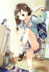 Rule 34 | 1girl, absurdres, bag, basket, bird, boots, bow, braid, brown hair, cat, dressing, drinking straw, face, hair ornament, hairclip, highres, loafers, long hair, mouth hold, original, penguin, plaid, plaid skirt, school bag, school uniform, shoes, single braid, skirt, socks, solo, standing, standing on one leg, tiv