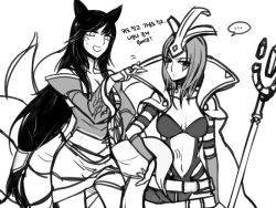 Rule 34 | 2girls, ahri (league of legends), animal ears, breasts, cleavage, fox ears, fox tail, greyscale, hooreng, korean clothes, korean text, league of legends, leblanc (league of legends), long hair, midriff, monochrome, multiple girls, multiple tails, navel, open mouth, simple background, tail, translation request, very long hair, white background