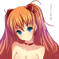 Rule 34 | 00s, 1girl, bare shoulders, blue eyes, breasts, choker, cleavage, duplicate, earrings, evangelion: 2.0 you can (not) advance, female focus, jewelry, kendo (artist), large breasts, long hair, neon genesis evangelion, orange hair, rebuild of evangelion, red hair, signature, solo, souryuu asuka langley, translated, white background