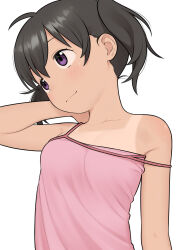 Rule 34 | 1girl, absurdres, ahoge, bare shoulders, black hair, blush, breasts, camisole, head tilt, highres, kuraue hinata, looking to the side, meis (terameisu), pink camisole, purple eyes, short hair, short twintails, simple background, small breasts, smile, solo, strap slip, tan, tanline, tareme, twintails, upper body, white background, yama no susume