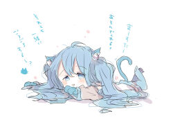 Rule 34 | 1girl, :3, ahoge, animal ear fluff, animal ears, animal hands, black sleeves, blue eyes, blue footwear, blue hair, blue skirt, blush, boots, cat ears, cat paws, cat tail, chibi, commentary request, detached sleeves, hair between eyes, hatsune miku, highres, long hair, long sleeves, looking at viewer, lying, on stomach, open mouth, simple background, skirt, sleeves past wrists, solo, tail, thigh boots, translation request, very long hair, vocaloid, white background, xxxx saki