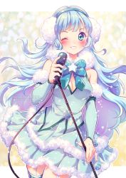 Rule 34 | 1girl, ;), bare shoulders, blue eyes, blue hair, blush, bow, breasts, cleavage, commission, cowboy shot, dress, earmuffs, frilled skirt, frills, fur trim, garter straps, gloves, grin, holding, holding microphone, idol, long hair, looking at viewer, medium breasts, microphone, neko-rina, one eye closed, original, skirt, smile, solo, thighhighs, wavy hair, winter clothes