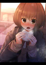 Rule 34 | &gt;:o, 1girl, :o, bad id, bad nicoseiga id, baozi, black jacket, blush, bow, bowtie, breath, brown eyes, brown hair, brown sweater, buttons, fingernails, food, highres, holding, holding food, hood, hood down, jacket, letterboxed, long fingernails, long sleeves, looking at viewer, nose blush, open clothes, open jacket, open mouth, original, outdoors, red bow, red bowtie, rerrere, school uniform, shirt, short hair, sleeves past wrists, solo, sweater, teeth, upper body, v-shaped eyebrows, white shirt, window