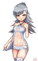 Rule 34 | 1girl, animal ear legwear, artist name, asymmetrical bangs, babydoll, bad id, bad pixiv id, breasts, cat ear legwear, center opening, closers, cowboy shot, dated, frills, grey panties, grey thighhighs, hand on own chest, hand up, highres, hip focus, lingerie, long hair, looking at viewer, navel, orange eyes, panties, parted lips, paw cutout, ponytail, side-tie panties, silver hair, simple background, small breasts, solo, surps, thighhighs, thighs, tina (closers), underwear, white background