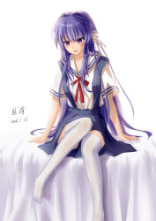 Rule 34 | 1girl, 2016, :d, absurdres, arms at sides, bed sheet, blue skirt, blush, chinese commentary, clannad, commentary request, crossed bangs, dated, eyebrows hidden by hair, foot out of frame, fujibayashi kyou, hair intakes, hair over shoulder, hair ribbon, high-waist skirt, highres, hikarizaka private high school uniform, knee up, knees together feet apart, legs, long hair, looking at viewer, no shoes, nose, open mouth, painttool sai (medium), partial commentary, purple eyes, purple hair, red ribbon, ribbon, sailor collar, school uniform, serafuku, shirt, short sleeves, sidelocks, signature, simple background, sitting, skirt, smile, straight hair, summer uniform, suspender skirt, suspenders, thighhighs, tress ribbon, v-shaped eyebrows, very long hair, white background, white ribbon, white sailor collar, white shirt, white thighhighs, xiaobanbei milk, zettai ryouiki