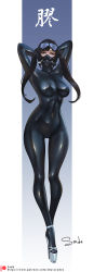 Rule 34 | arms behind head, arms up, bikini, black hair, bodystocking, bodysuit, covered navel, full body, goggles, goggles on head, high heels, highres, latex, latex bodysuit, long hair, looking at viewer, mask, original, platform footwear, platform heels, sade abyss, signature, skin tight, swimsuit, thigh gap, twintails, wide hips