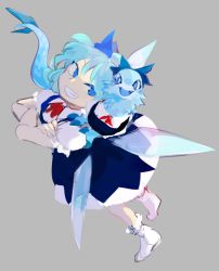 Rule 34 | 1girl, animal, animal on shoulder, blue dress, blue eyes, blue hair, blue ribbon, chamaruk, cirno, crossed arms, dragon tail, dress, fangs, grey background, grin, hair ribbon, highres, ice, ice wings, pinafore dress, puffy short sleeves, puffy sleeves, red neckwear, red ribbon, ribbon, short sleeves, sleeveless, sleeveless dress, smile, socks, solo, tail, touhou, wings