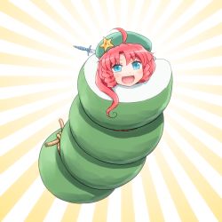 Rule 34 | 1girl, :d, ahoge, blue eyes, braid, commentary request, hat, hong meiling, knife, knifed, looking at viewer, open mouth, red hair, rope, shirosato, smile, solo, touhou, wrapped up