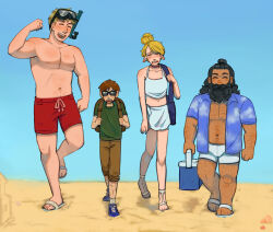 Rule 34 | 1girl, 3boys, armpits, bara, beard, belly, brown hair, bulge, chilchuck tims, chvvy, dark-skinned male, dark skin, dungeon meshi, dwarf, facial hair, hairy, happy, hawaiian shirt, height difference, highres, laios touden, long beard, male focus, male swimwear, marcille donato, midriff, multiple boys, muscular, muscular male, official alternate costume, pectoral cleavage, pectorals, plump, senshi (dungeon meshi), shirt, short shorts, shorts, sparse leg hair, sparse navel hair, swim trunks, thick arm hair, thick chest hair, thick leg hair, thick mustache, thick navel hair, topless, very hairy