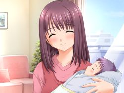 Rule 34 | 1girl, ^ ^, baby, blush, brown hair, couch, closed eyes, glass, happy, holding, indoors, natsumi rikako, nekonyan, parfait chocolat second brew, plant, potted plant, short hair, smile, solo, upper body, window