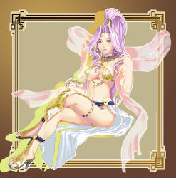 Rule 34 | 1girl, arm up, bare legs, bare shoulders, bikini, blue eyes, blush, breasts, bridal gauntlets, brown background, circlet, crossed legs, earrings, feet, gensou suikoden, gensou suikoden v, hi-ho-, high heels, high ponytail, jeane (suikoden), jewelry, large breasts, legs, long hair, long legs, necklace, open shoes, pink hair, ponytail, revealing clothes, shawl, shoes, sitting, solo, swimsuit, thigh strap, thighs