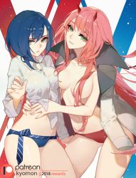 Rule 34 | 2girls, alternate costume, blue hair, blue panties, breasts, breasts apart, collared jacket, cowboy shot, darling in the franxx, green eyes, hair censor, hair over breasts, hand on another&#039;s stomach, head tilt, high collar, horns, ichigo (darling in the franxx), jacket, long hair, looking at viewer, medium breasts, multiple girls, navel, panties, parted lips, patreon logo, patreon username, pink hair, red panties, shirt, short hair, songjikyo, stomach, topless, underwear, wet, wet clothes, wet shirt, yuri, zero two (darling in the franxx)