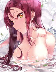 Rule 34 | 10s, 1girl, absurdres, alternate breast size, blush, breasts, cleavage, collarbone, completely nude, floating breasts, hair between eyes, head tilt, highres, large breasts, leaf, looking at viewer, love live!, love live! sunshine!!, nude, onsen, orange eyes, parted lips, partially submerged, red hair, sakurauchi riko, solo, tem10, water, wet, wet hair